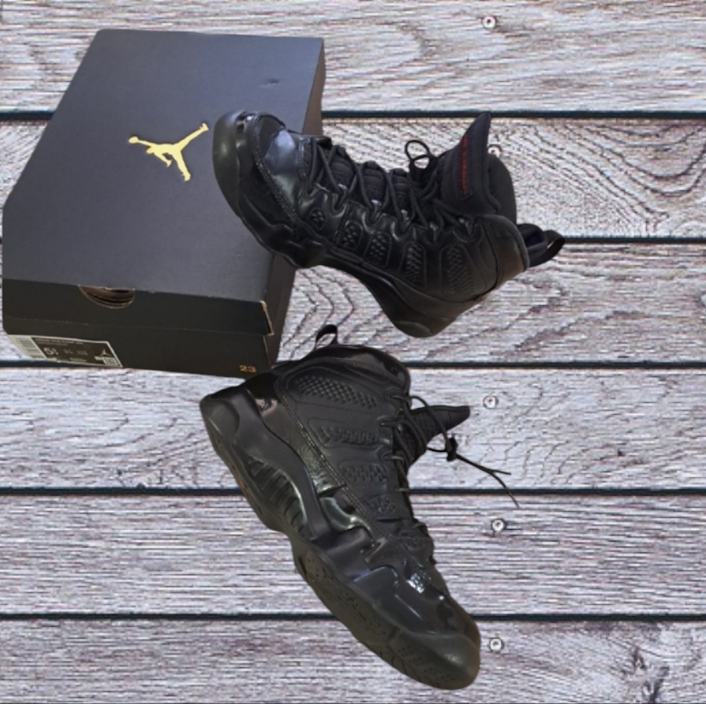 Jordan 9 Retro Black Red Logo High Top Sneakers Youth Size 6Y